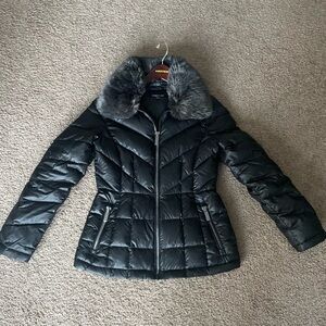 Kenneth Cole Black Puffer Jacket with Faux Fur Collar